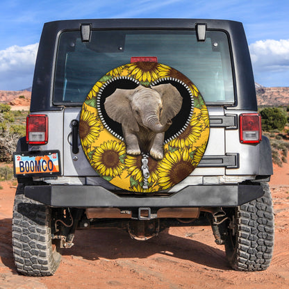Baby Elephant Sunflower Zipper Car Spare Tire Cover