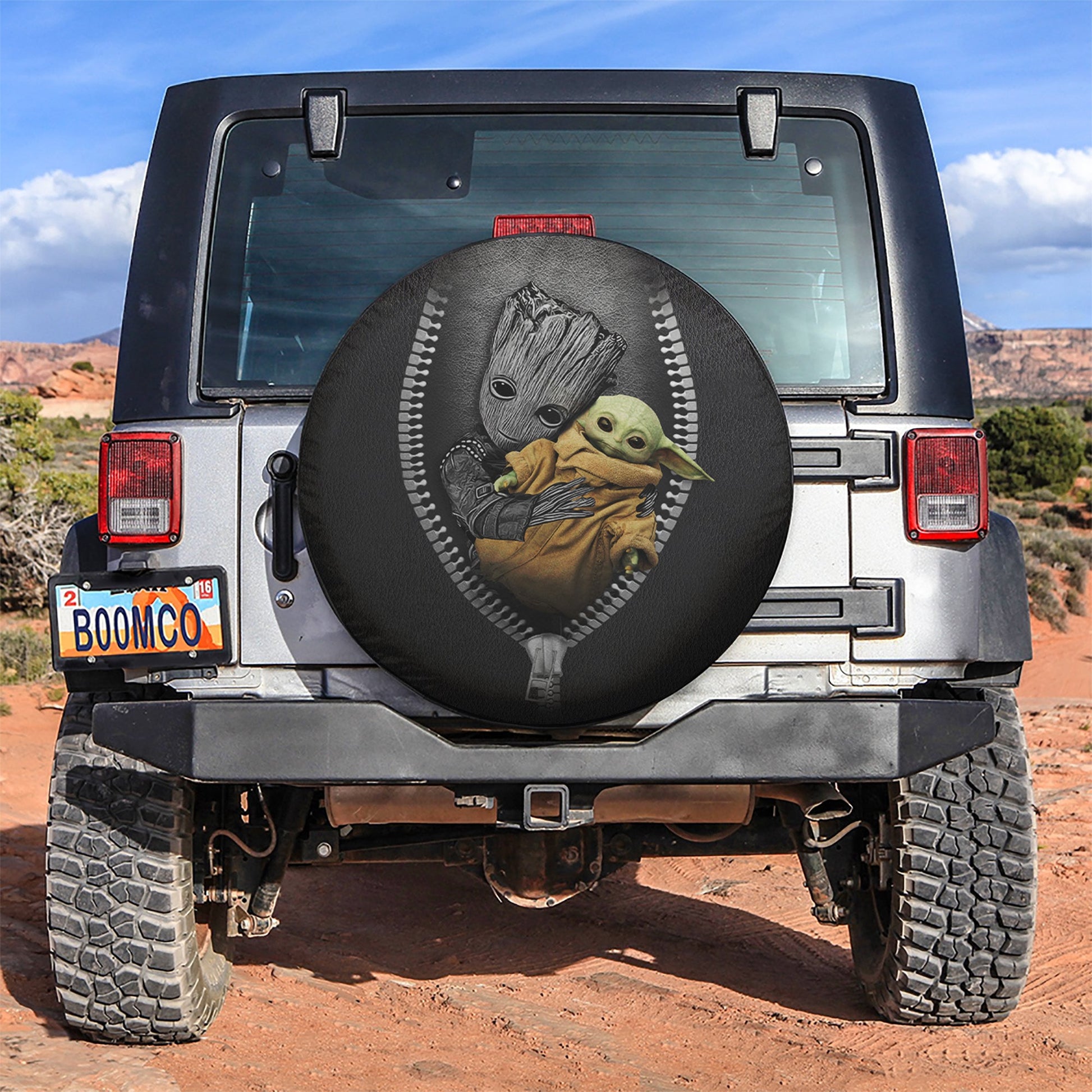 Baby Groot Hold Baby Yoda Zipper Car Spare Tire Cover