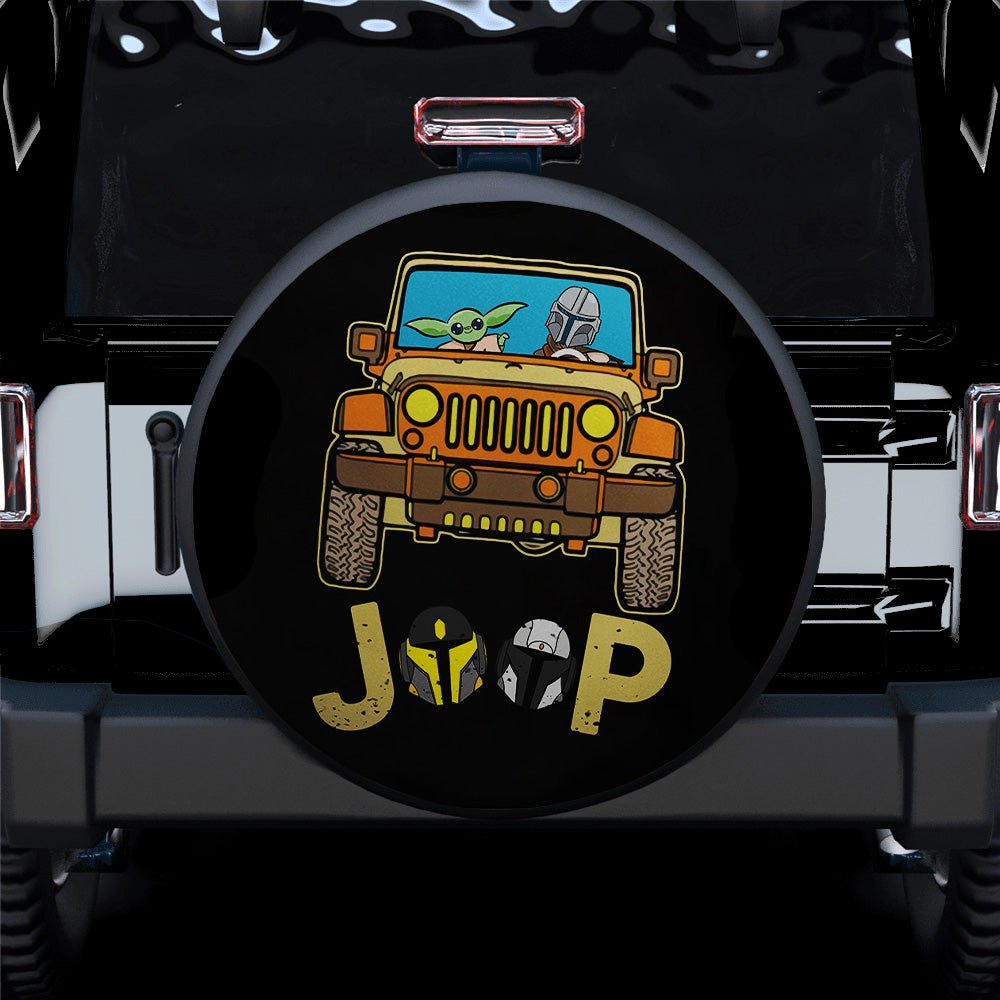 Baby Yoda And Mandalorian Riding Jeep Funny Car Spare Tire Cover