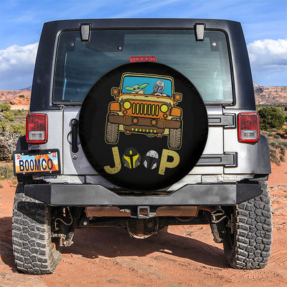 Baby Yoda And Mandalorian Riding Jeep Funny Car Spare Tire Cover