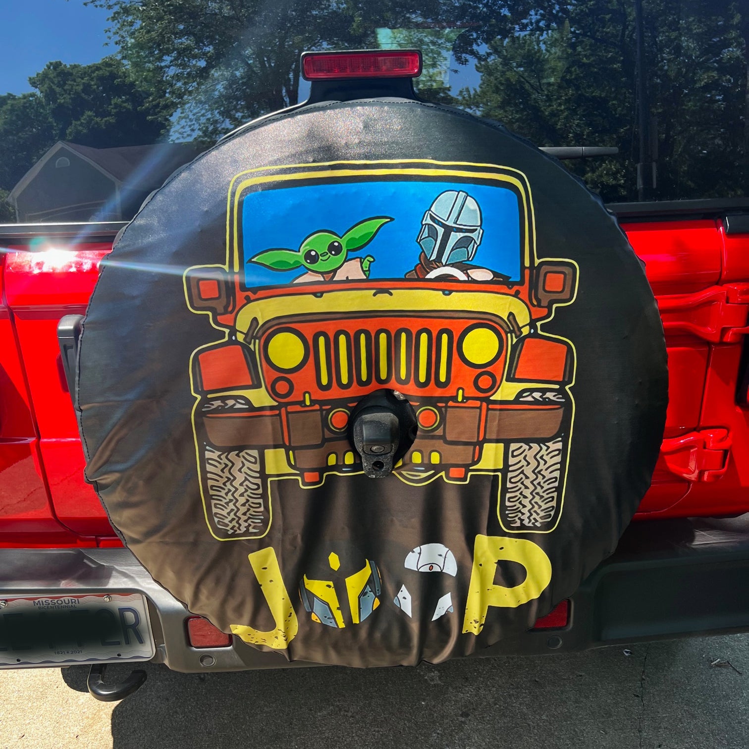 Baby Yoda And Mandalorian Riding Jeep Funny Car Spare Tire Cover