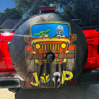 Baby Yoda And Mandalorian Riding Jeep Funny Car Spare Tire Cover