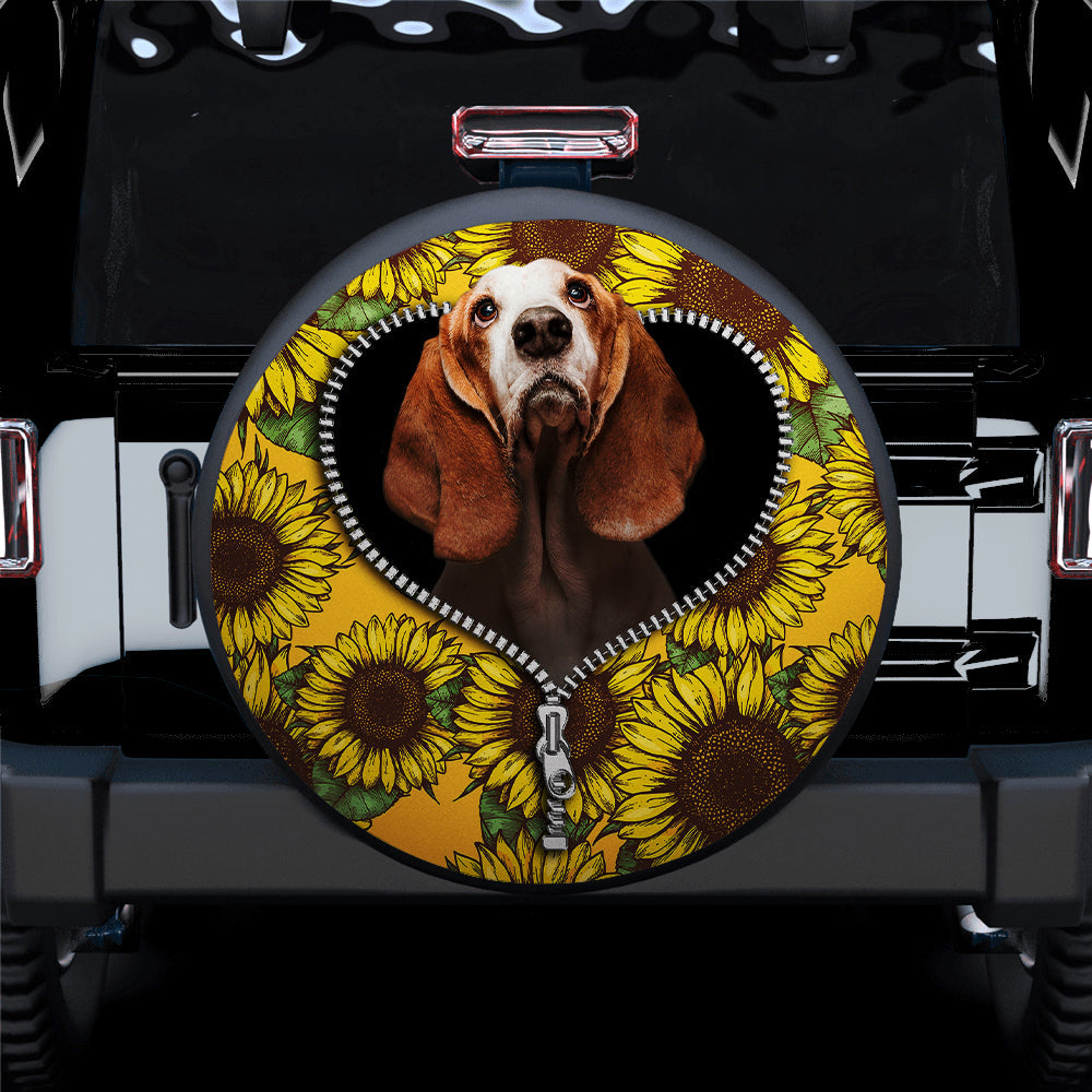 Basset Hound Sunflower Zipper Car Spare Tire Cover