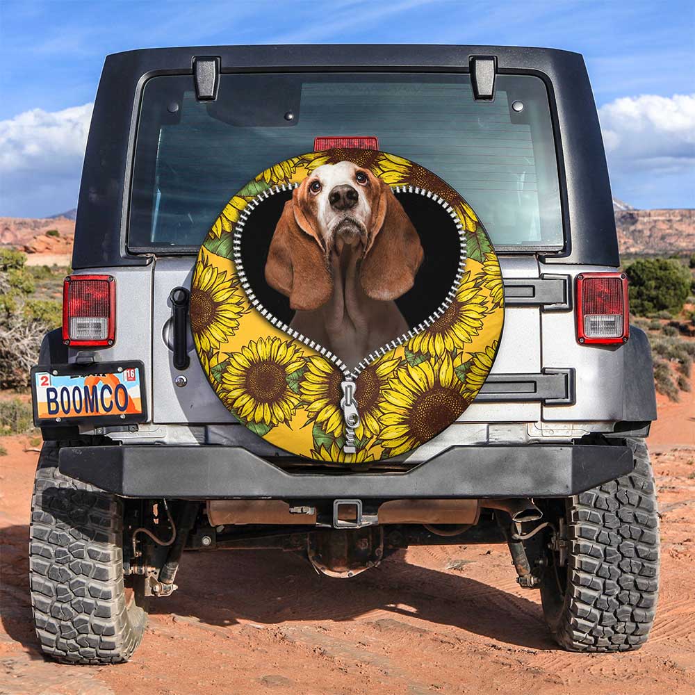 Basset Hound Sunflower Zipper Car Spare Tire Cover