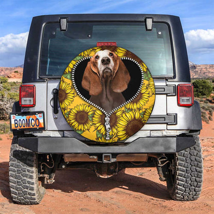Basset Hound Sunflower Zipper Car Spare Tire Cover