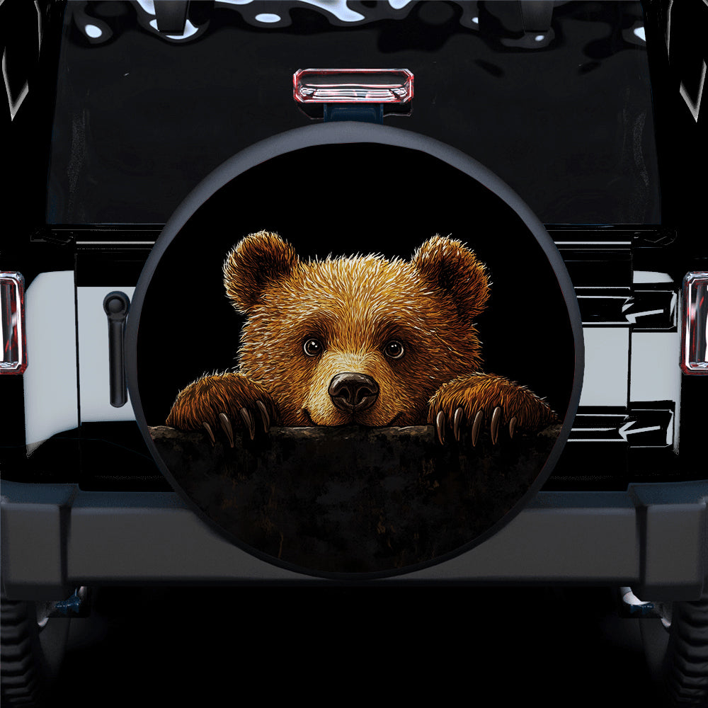 Bear Peeking Over A Black Wall Car Spare Tire Cover
