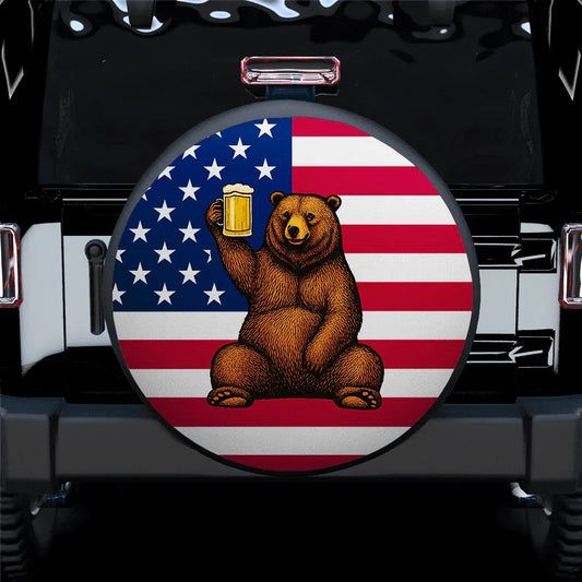 Beer Bear with American Flag Jeep Car Leather Spare Tire Cover - PersonalizedFury