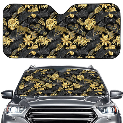 Black And Gold Tropical Pattern Print Car Windshield Sun Shade