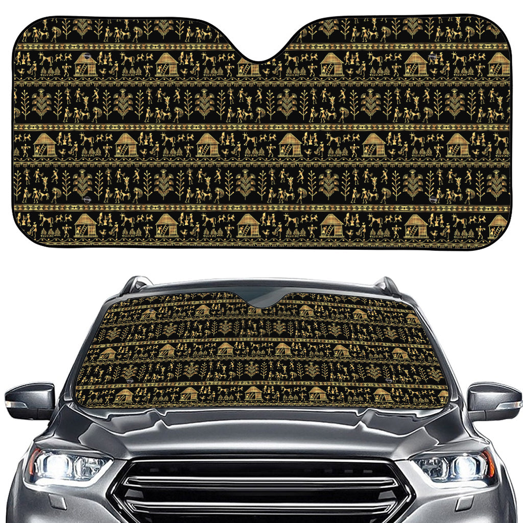 Black And Gold Warli Pattern Print Car Windshield Sun Shade