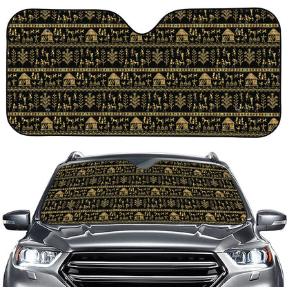 Black And Gold Warli Pattern Print Car Windshield Sun Shade