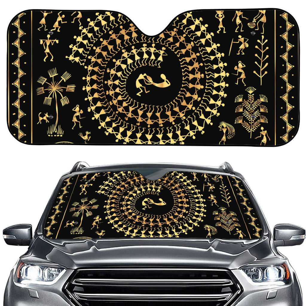 Black And Gold Warli Tribal Print Car Windshield Sun Shade