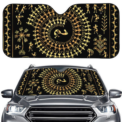 Black And Gold Warli Tribal Print Car Windshield Sun Shade