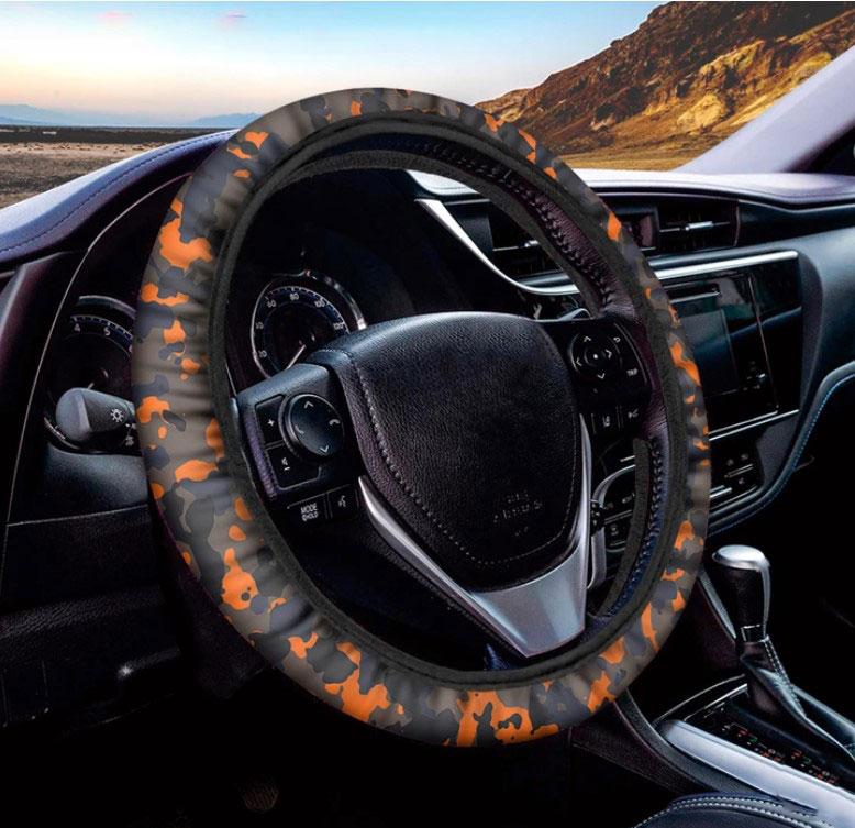 Black And Orange Camouflage Print Car Steering Wheel Cover