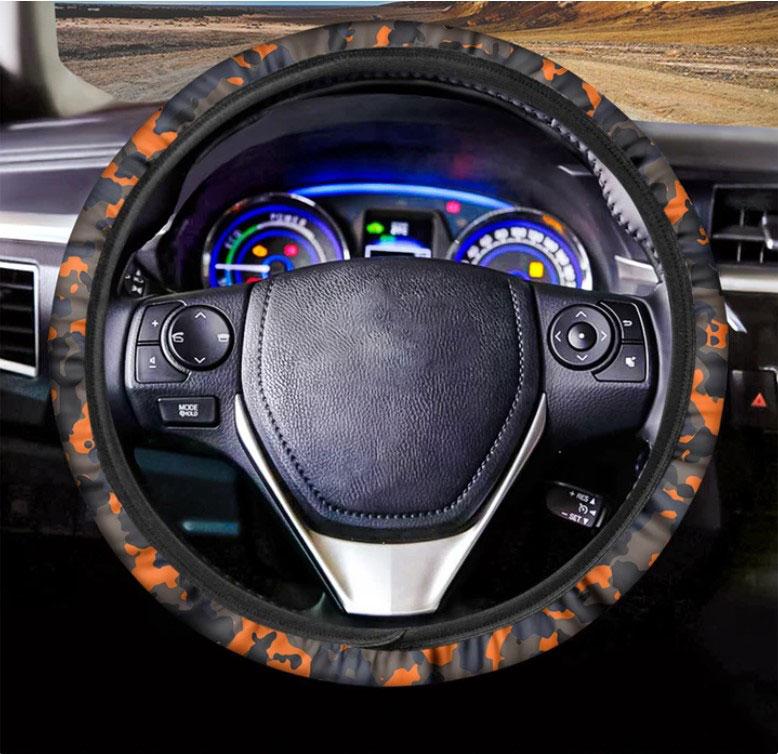 Black And Orange Camouflage Print Car Steering Wheel Cover