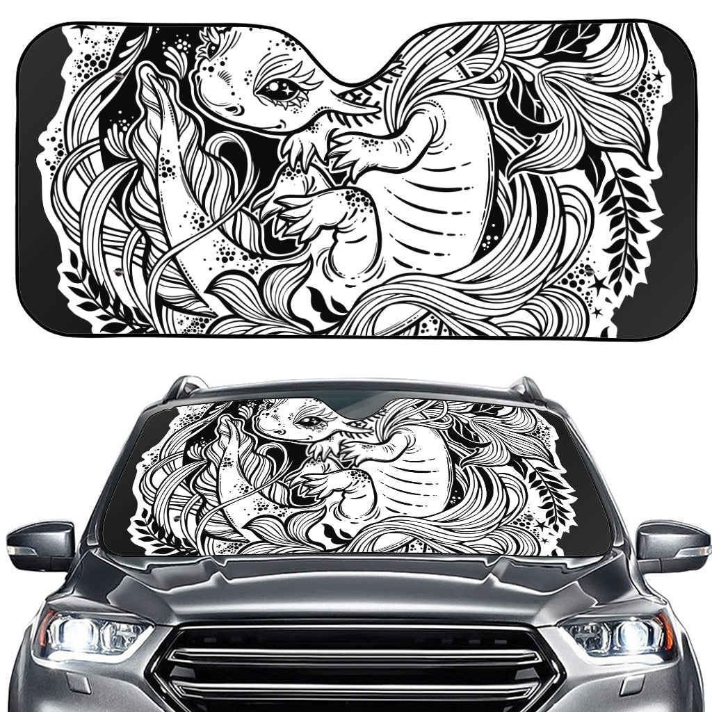 Black And White Axolotl Print Car Windshield Sun Shade