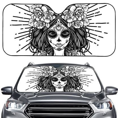 Black And White Calavera Girl Print Car Windshield Sun Shade