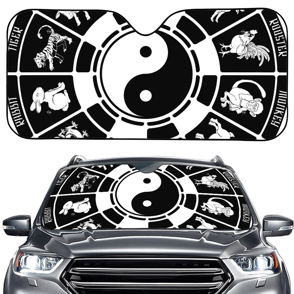 Black And White Chinese Zodiac Print Car Windshield Sun Shade