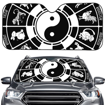 Black And White Chinese Zodiac Print Car Windshield Sun Shade