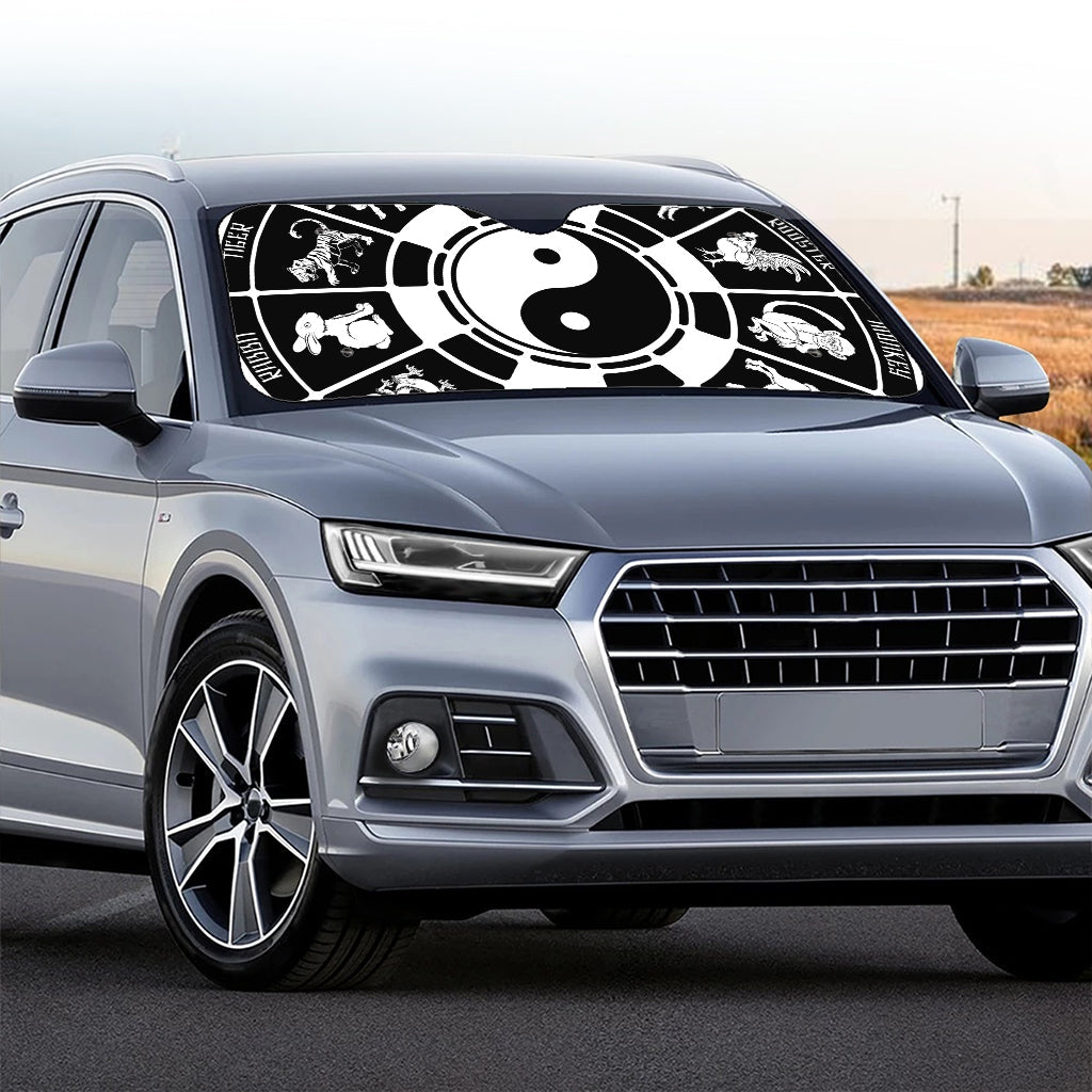Black And White Chinese Zodiac Print Car Windshield Sun Shade