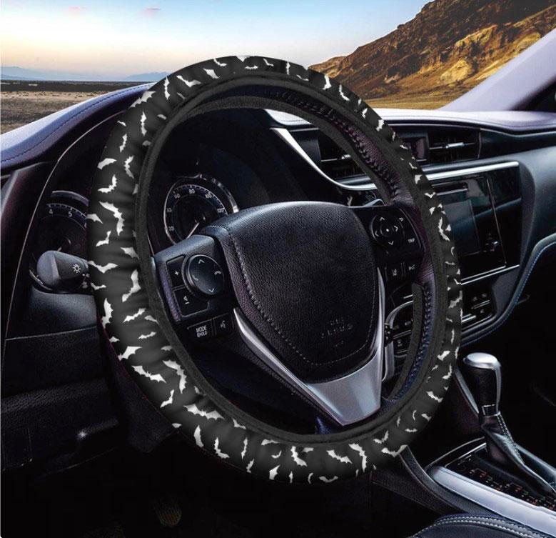 Black And White Halloween Bat Print Car Steering Wheel Cover