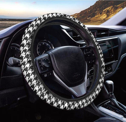Black And White Houndstooth Print Car Steering Wheel Cover
