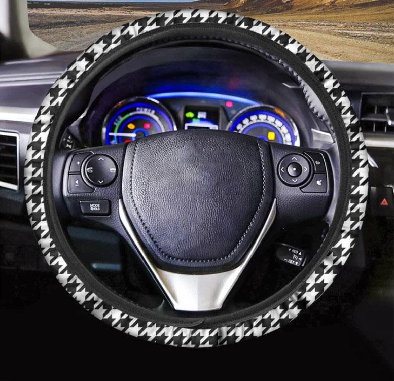 Black And White Houndstooth Print Car Steering Wheel Cover