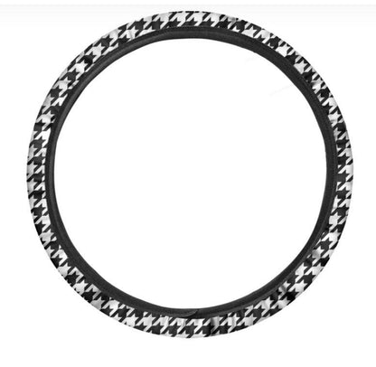 Black And White Houndstooth Print Car Steering Wheel Cover