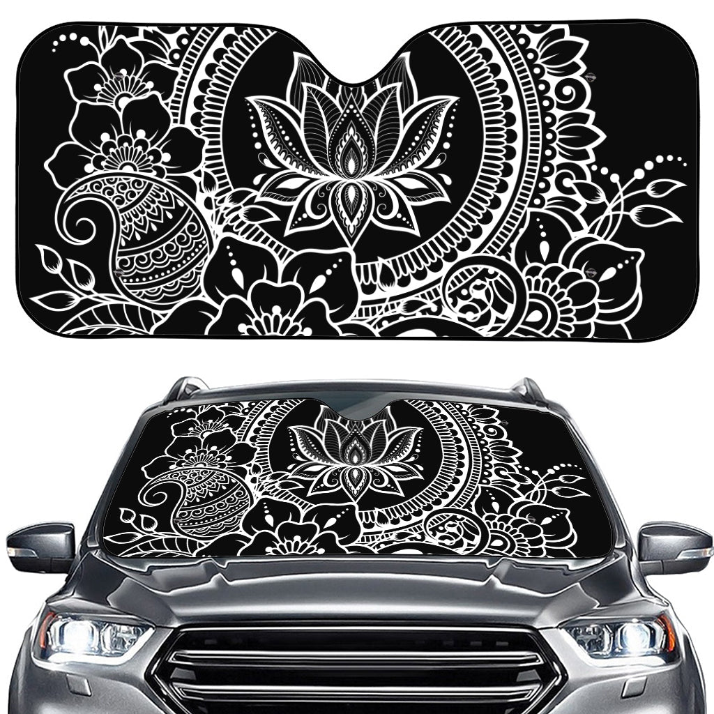 Black And White Lotus Flower Print Car Windshield Sun Shade