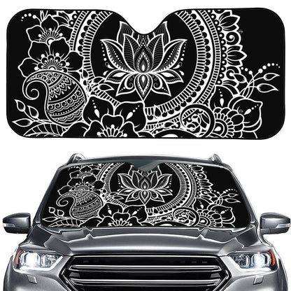 Black And White Lotus Flower Print Car Windshield Sun Shade