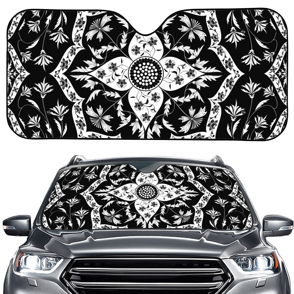 Black And White Lotus Mandala Print Car Windshield Sun Shade