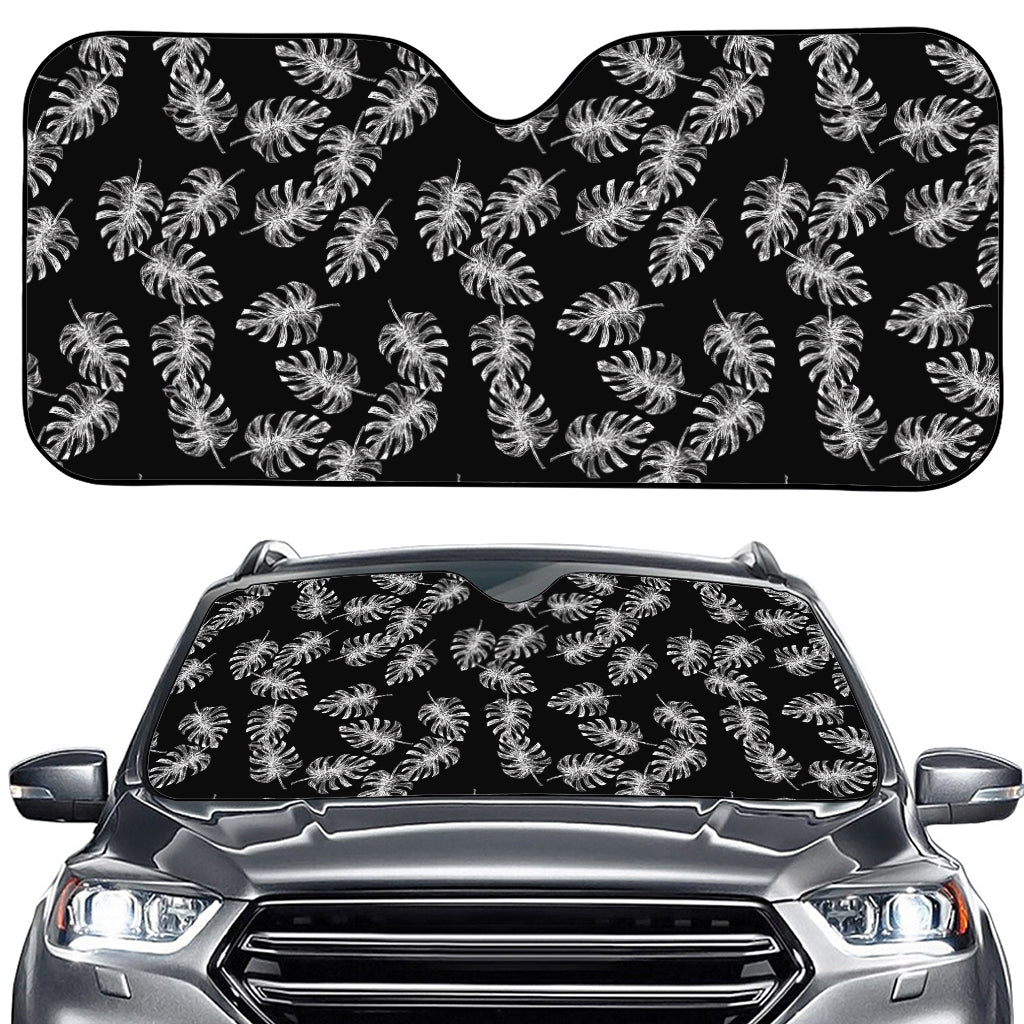 Black And White Monstera Pattern Print Car Windshield Sun Shade