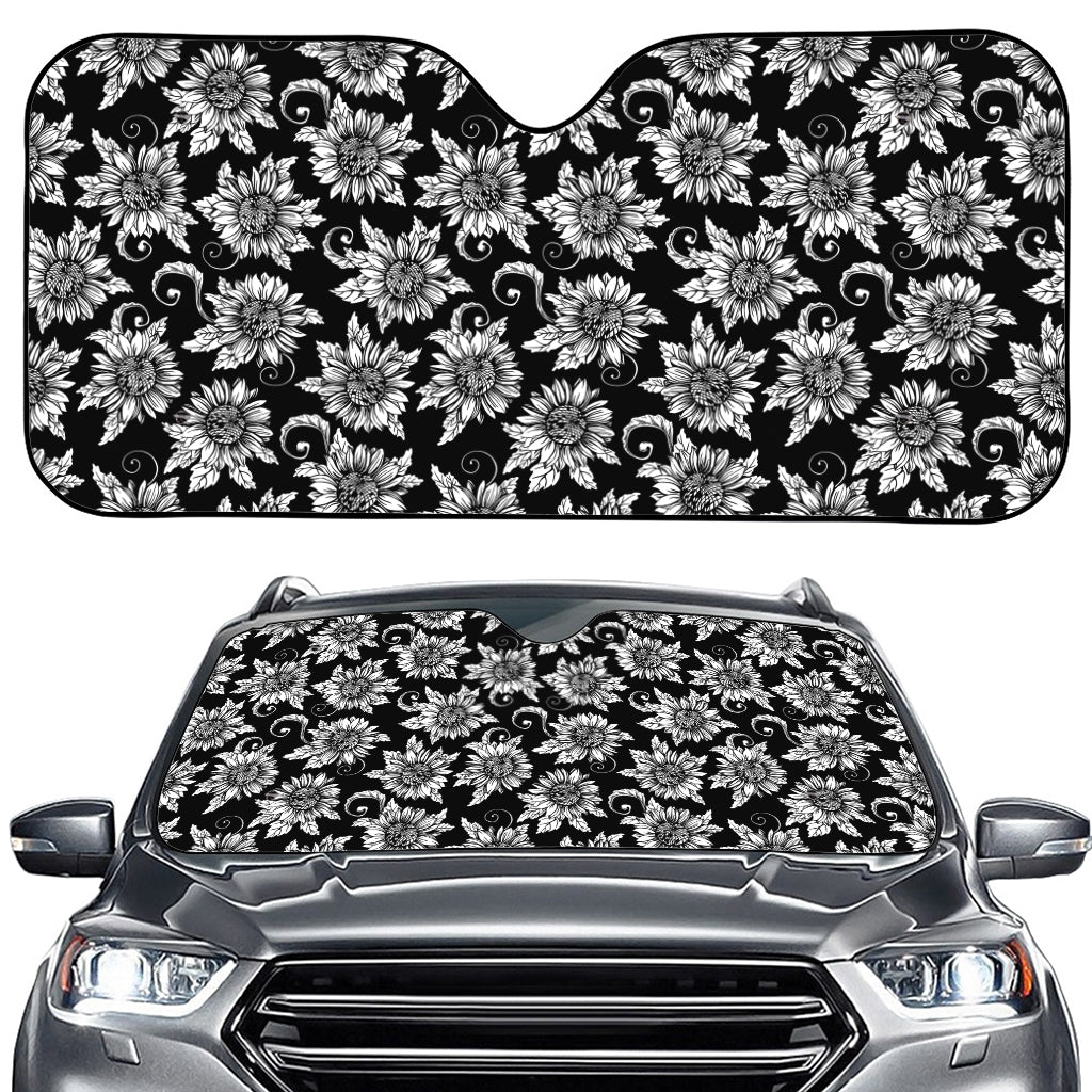 Black And White Vintage Sunflower Print Car Windshield Sun Shade