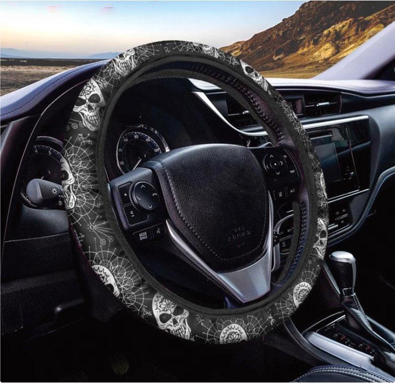 Black And White Wicca Evil Skull Print Car Steering Wheel Cover