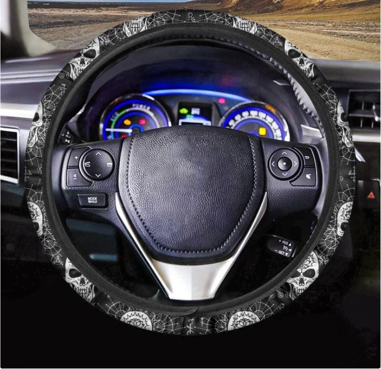 Black And White Wicca Evil Skull Print Car Steering Wheel Cover