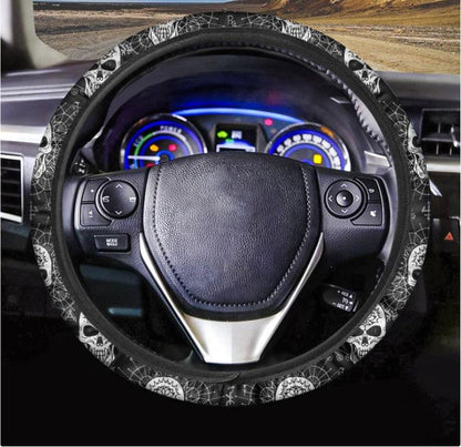 Black And White Wicca Evil Skull Print Car Steering Wheel Cover