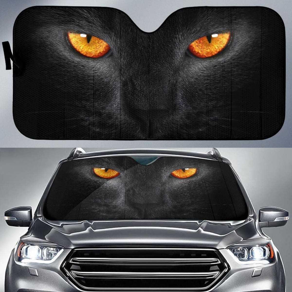Black Cat Scary Yellow Eyes Dark Background Car Sun Shade Universal Fit 225311