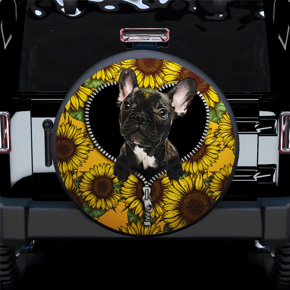 Black French Bulldog Sunflower Zipper Car Spare Tire Cover