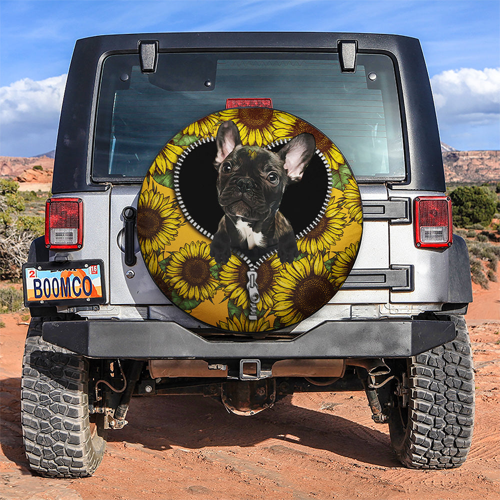 Black French Bulldog Sunflower Zipper Car Spare Tire Cover