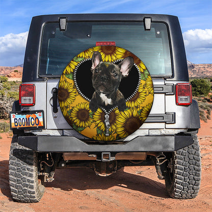 Black French Bulldog Sunflower Zipper Car Spare Tire Cover