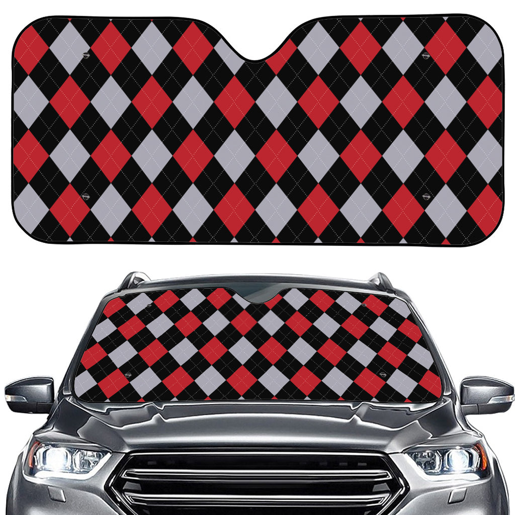 Black Red And Grey Argyle Pattern Print Car Windshield Sun Shade