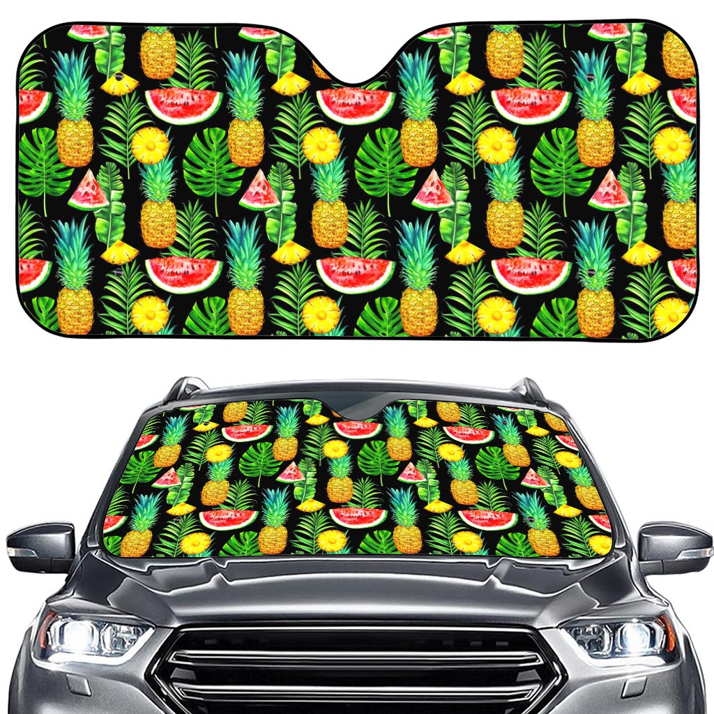 Black Tropical Pineapple Pattern Print Car Windshield Sun Shade