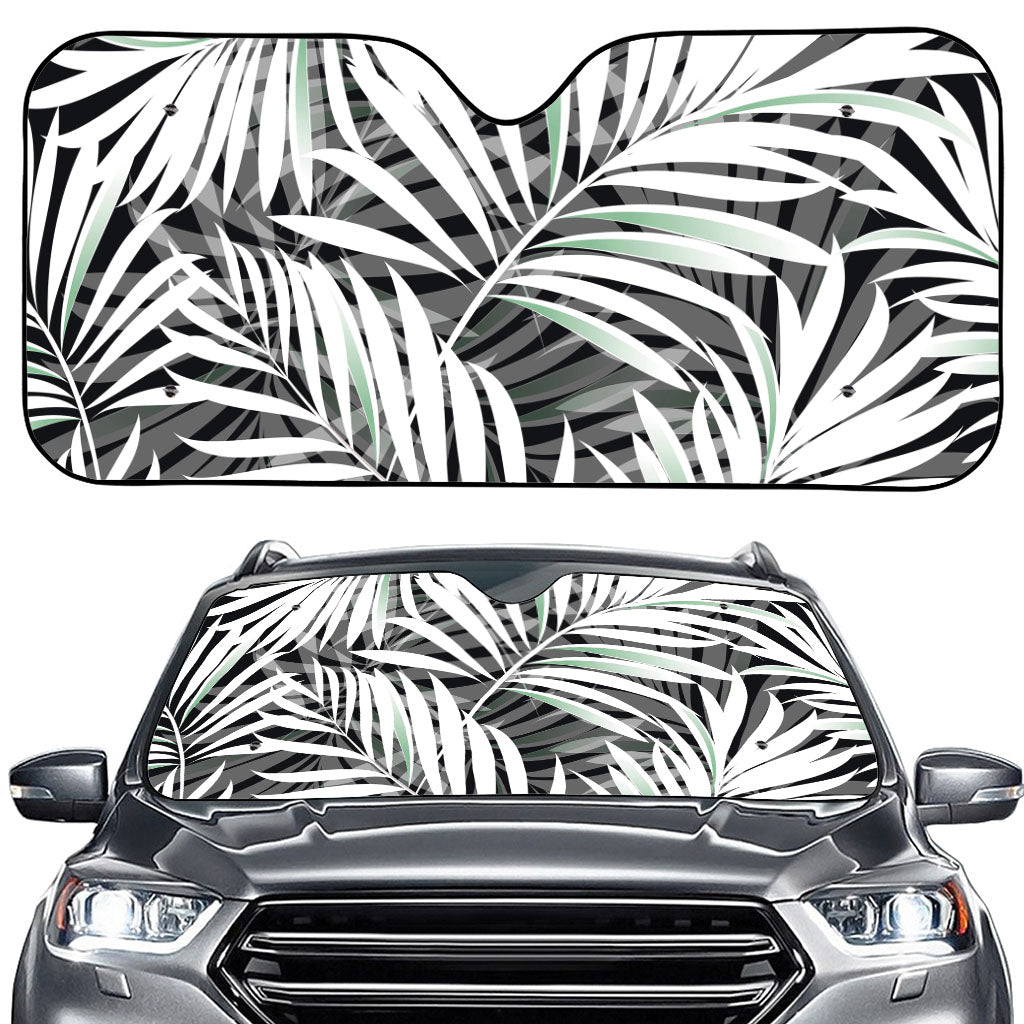 Black White Tropical Leaf Pattern Print Car Windshield Sun Shade
