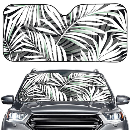 Black White Tropical Leaf Pattern Print Car Windshield Sun Shade