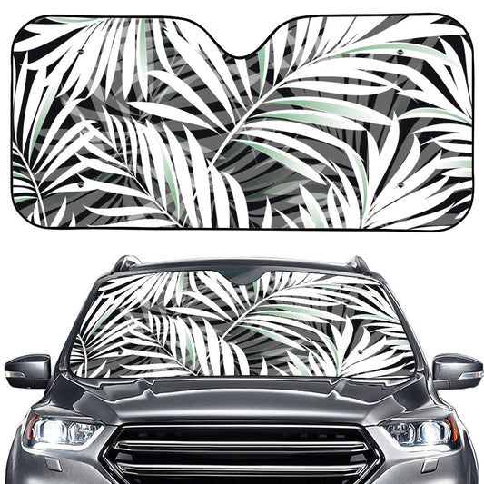 Black White Tropical Leaf Pattern Print Car Windshield Sun Shade