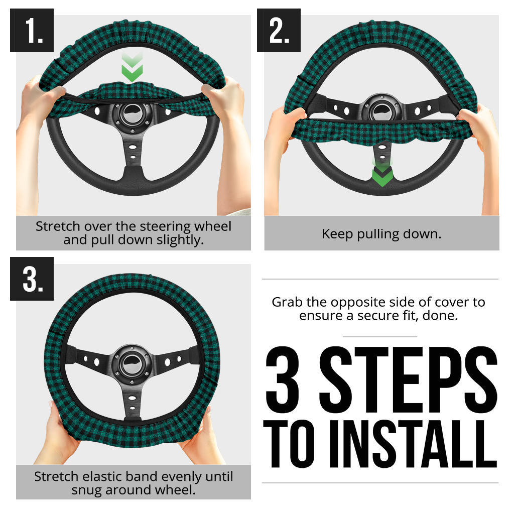 Blue Black Caro Retro Premium Car Steering Wheel Cover