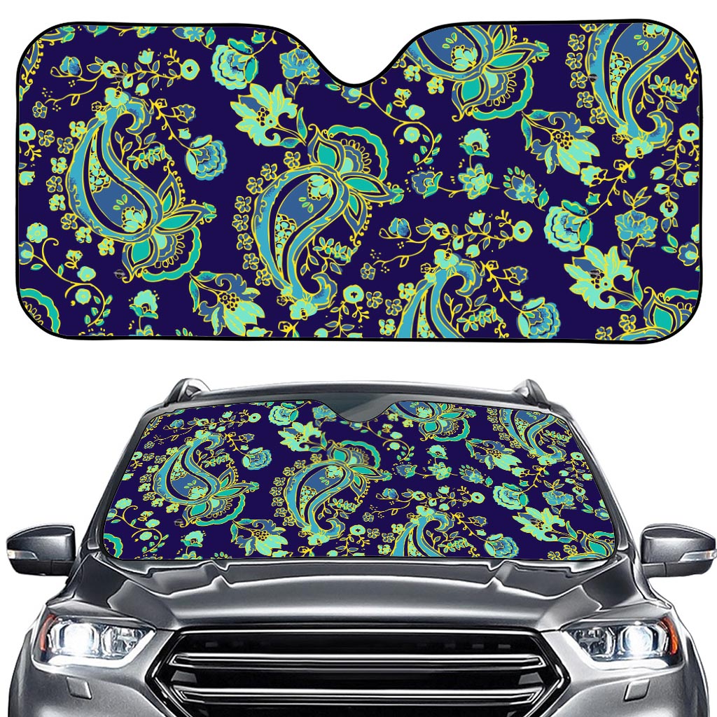 Blue Bohemian Paisley Pattern Print Car Windshield Sun Shade