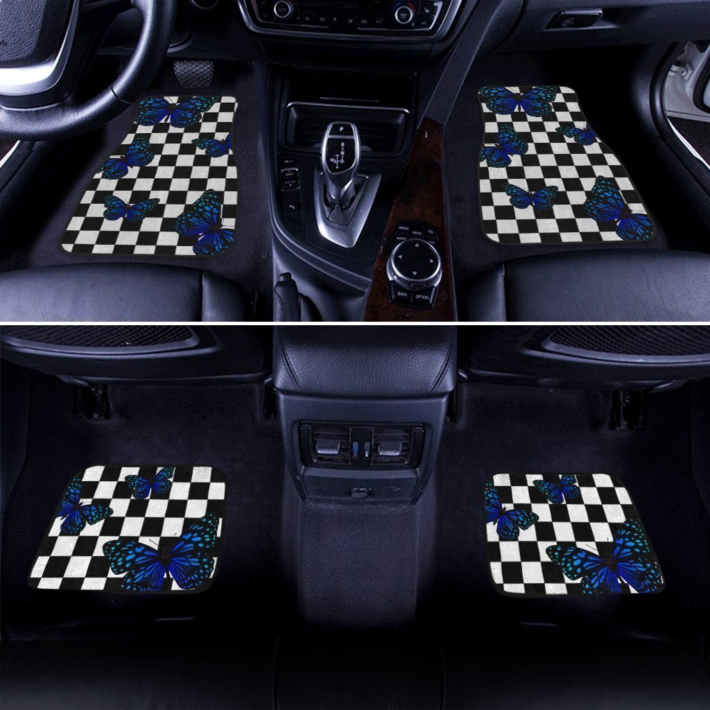 Blue Butterfly Checkerboard Car Floor Mats Custom Car Accessories