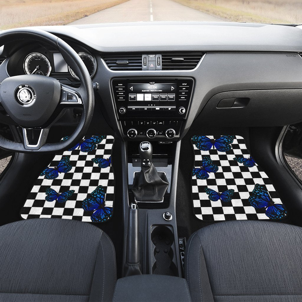 Blue Butterfly Checkerboard Car Floor Mats Custom Car Accessories