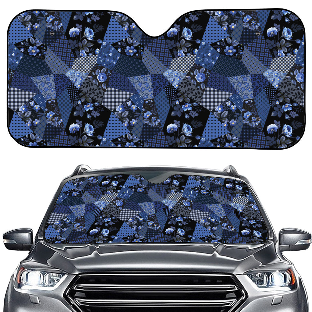 Blue Flower Patchwork Pattern Print Car Windshield Sun Shade