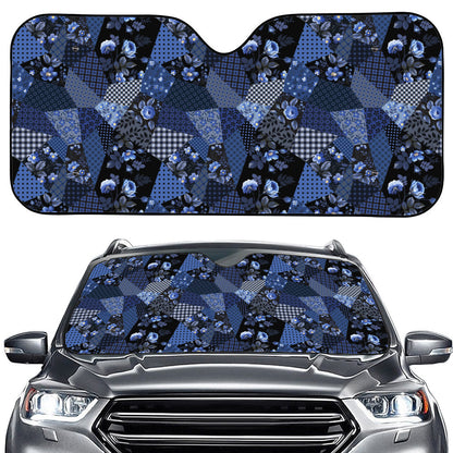 Blue Flower Patchwork Pattern Print Car Windshield Sun Shade